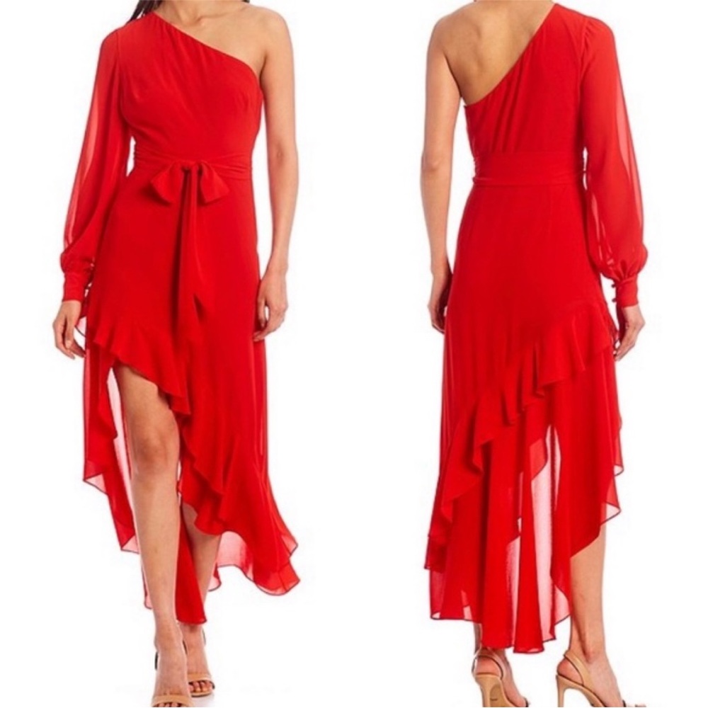 NWT Badgley Mischka Bailey Belle One Shoulder Ruffle High-Low Hem Dress Size 8